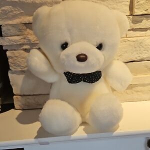 White Teddy Bear with Black Bow Tie